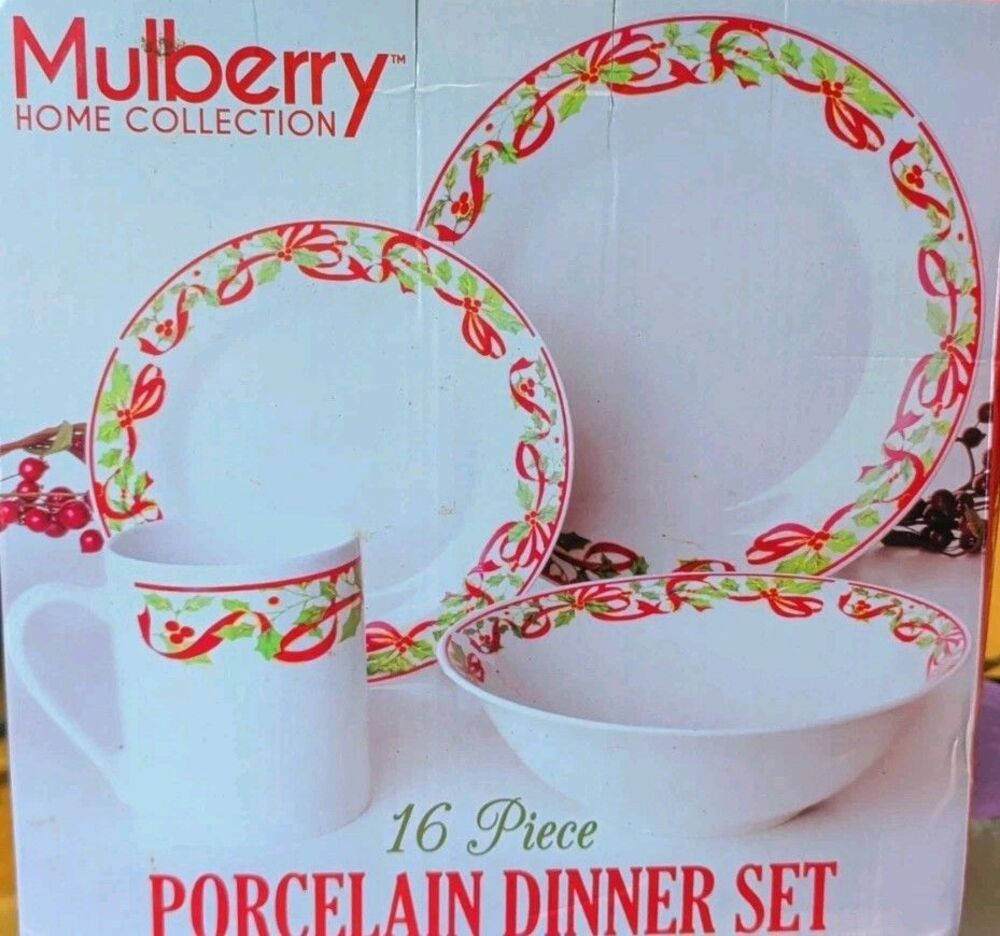Mulberry Home Collection Dish Set Holly Berry Red Ribbon Christmas 16 Piece